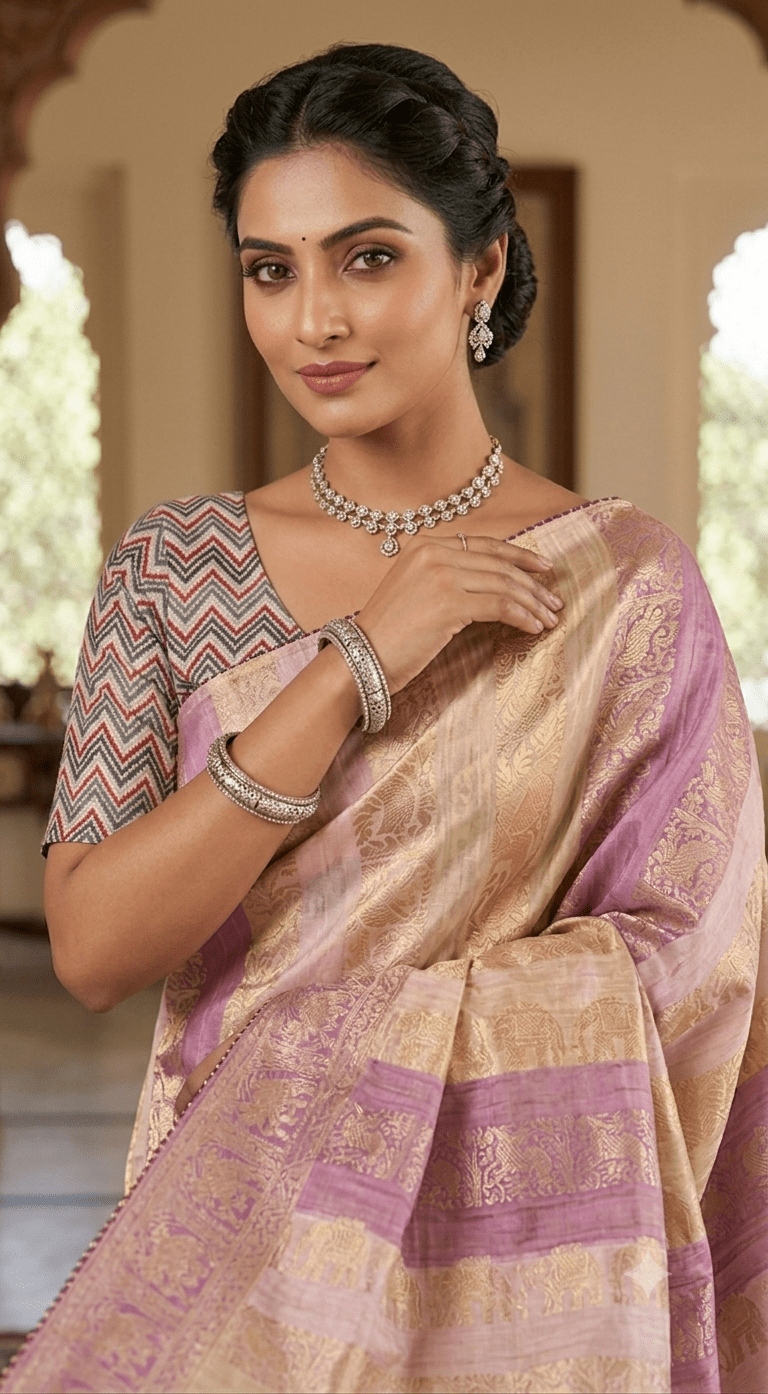Elegant Lavender & Gold Banarasi Silk Saree | Traditional Handloomf - Shop Vastram