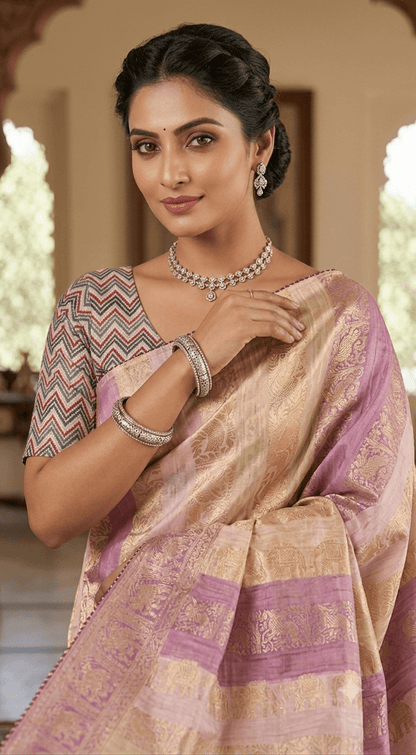 Elegant Lavender & Gold Banarasi Silk Saree | Traditional Handloomf - Shop Vastram