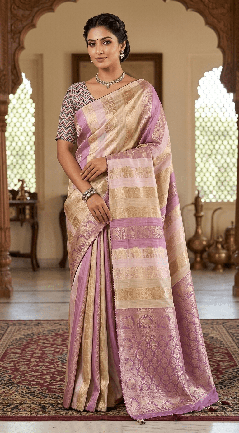 Elegant Lavender & Gold Banarasi Silk Saree | Traditional Handloomf - Shop Vastram