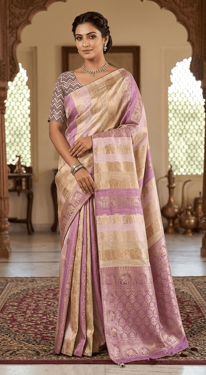 Elegant Lavender & Gold Banarasi Silk Saree | Traditional Handloomf - Shop Vastram