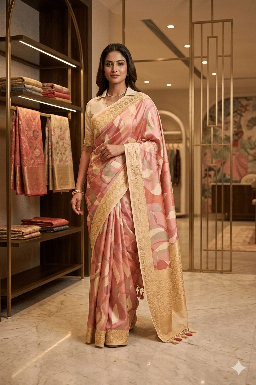 Elegant Peach & Pink Abstract Print Silk Saree with Gold Border - Shop Vastram