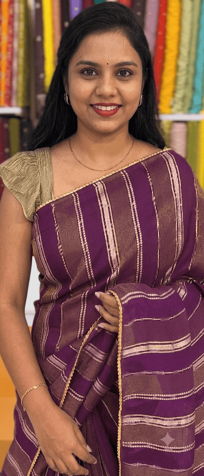 Elegant Purple Striped Handloom Silk Saree with Gold Border - Shop Vastram