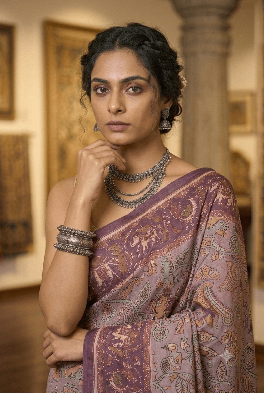 Exquisite Hand-Painted Kalamkari Silk Saree - Shop Vastram