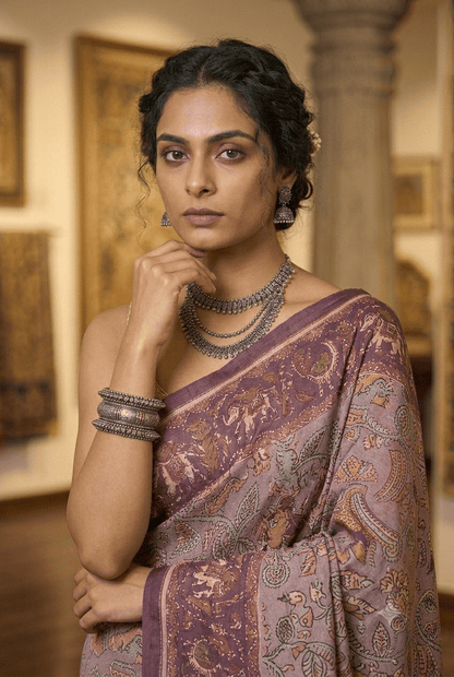 Exquisite Hand-Painted Kalamkari Silk Saree - Shop Vastram