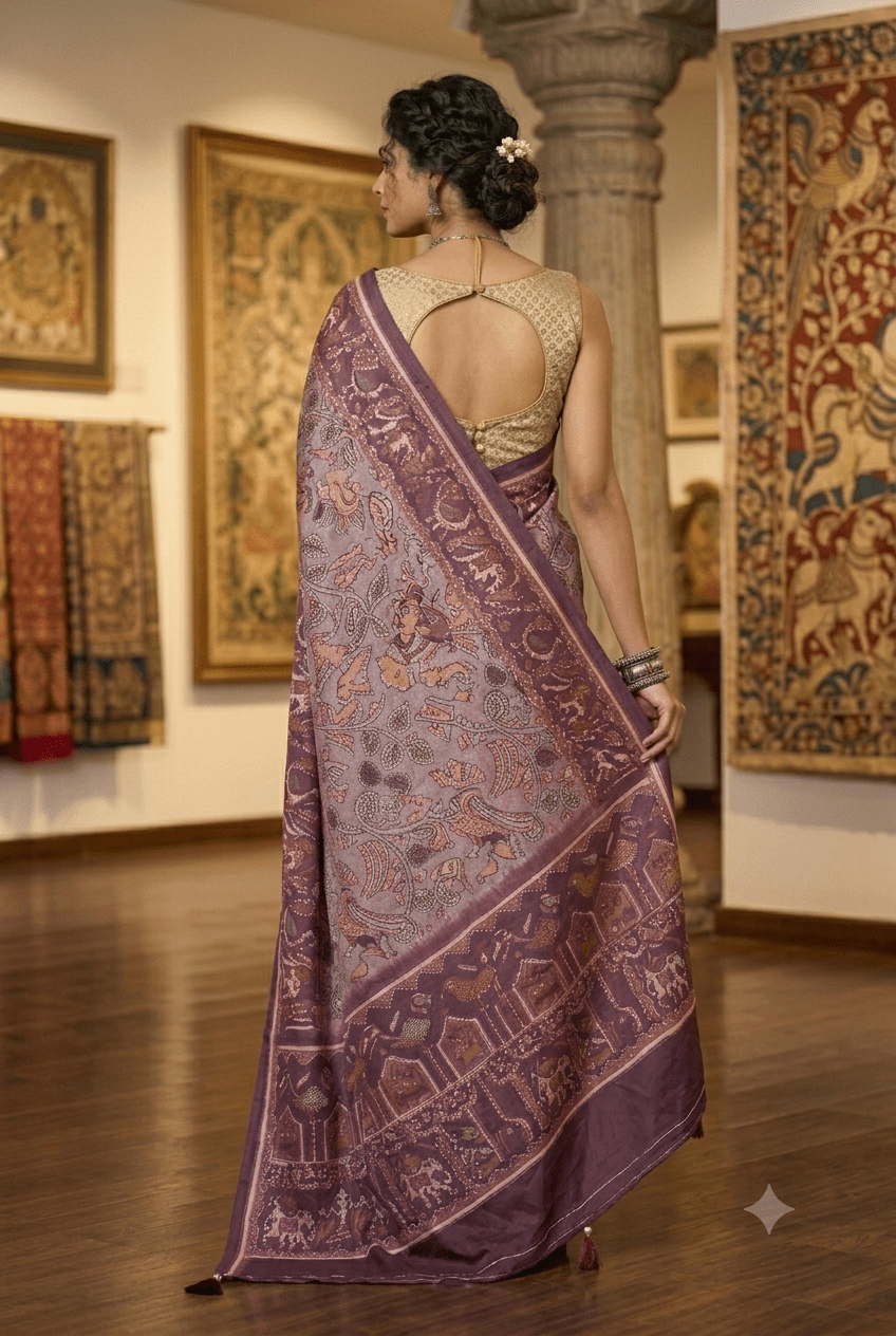 Exquisite Hand-Painted Kalamkari Silk Saree - Shop Vastram