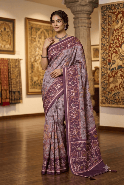 Exquisite Hand-Painted Kalamkari Silk Saree - Shop Vastram
