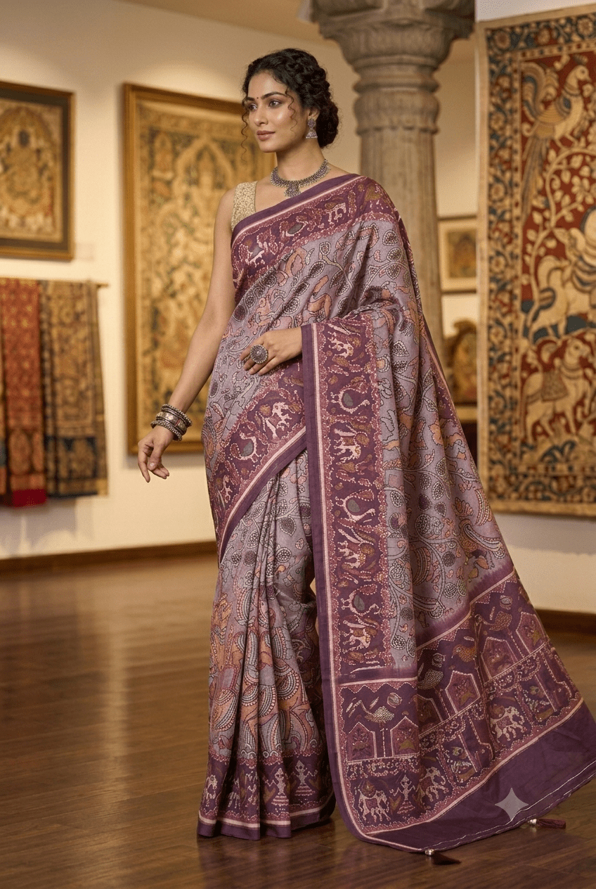 Exquisite Hand-Painted Kalamkari Silk Saree - Shop Vastram