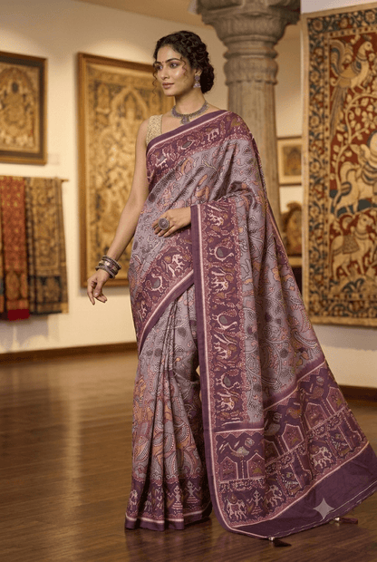 Exquisite Hand-Painted Kalamkari Silk Saree - Shop Vastram