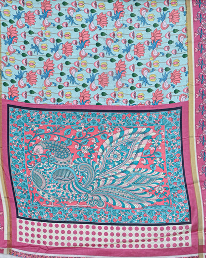 Ferozi Blue color Chanderi Kalamkari Saree - Shop Vastram