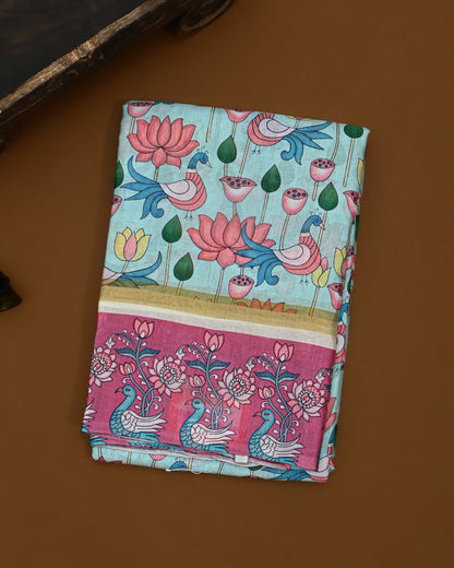 Ferozi Blue color Chanderi Kalamkari Saree - Shop Vastram