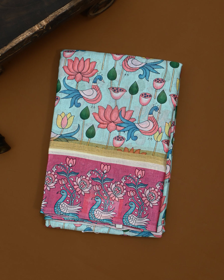 Ferozi Blue color Chanderi Kalamkari Saree - Shop Vastram