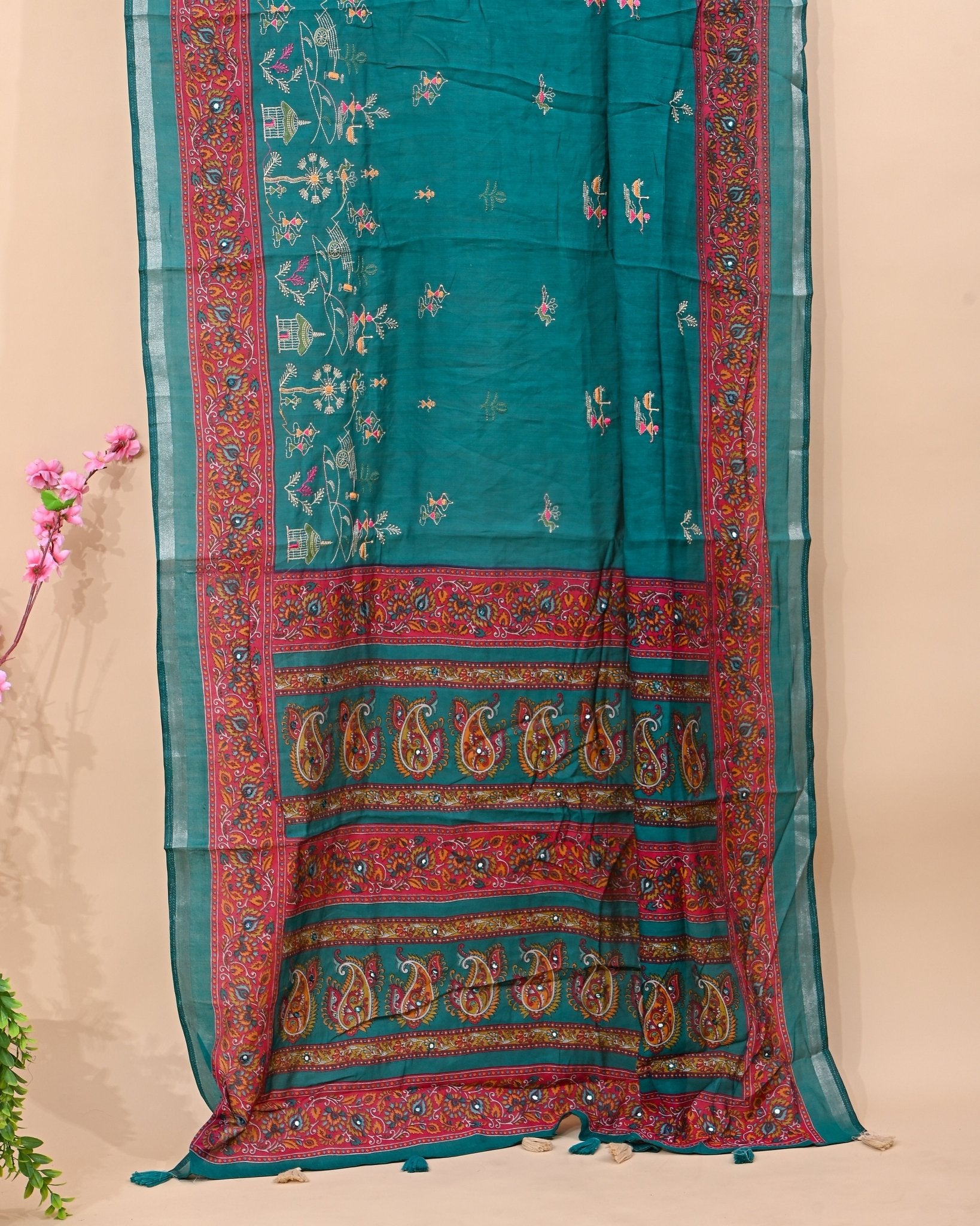 Ferozi Chanderi Embroidery Saree - Shop Vastram
