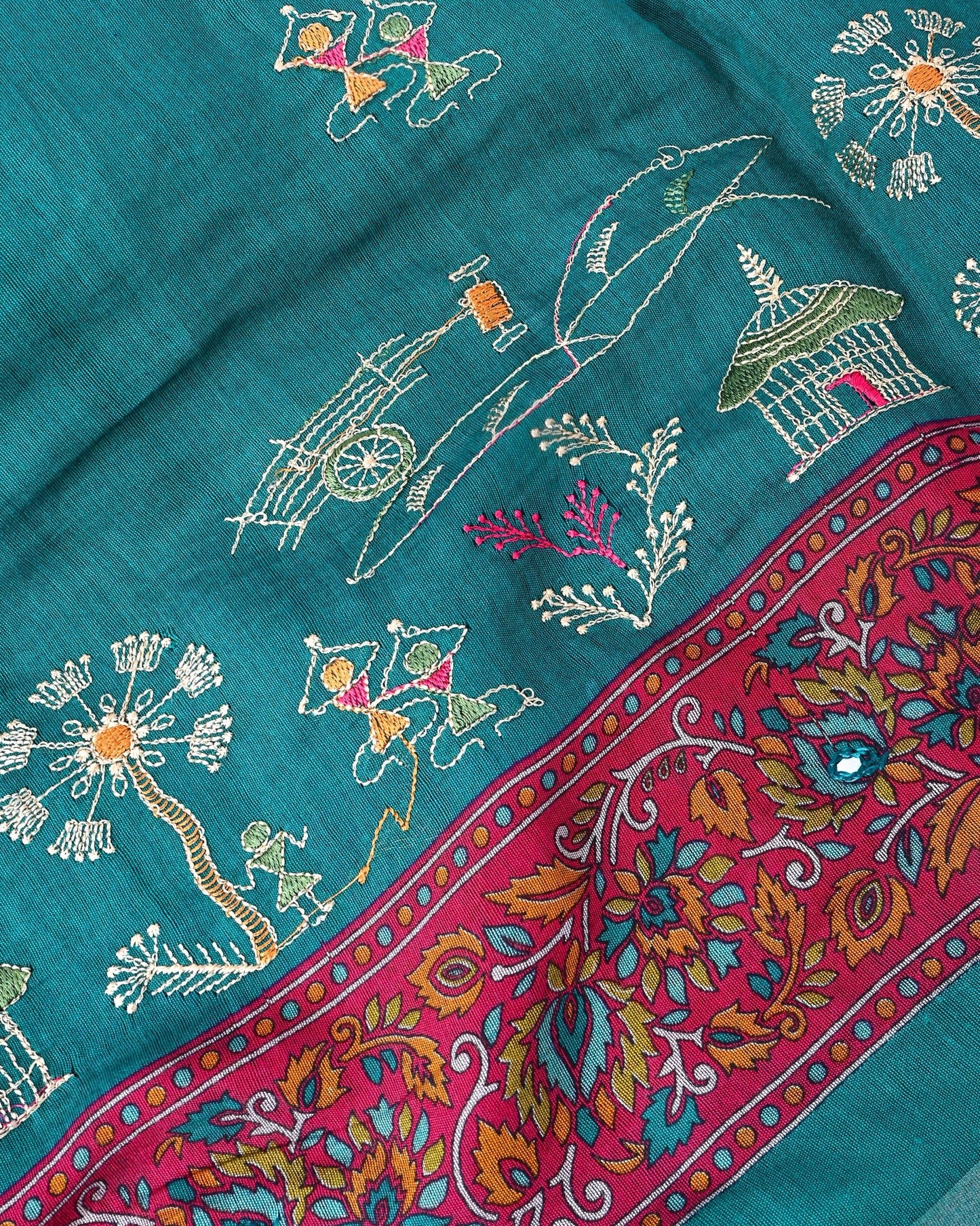 Ferozi Chanderi Embroidery Saree - Shop Vastram