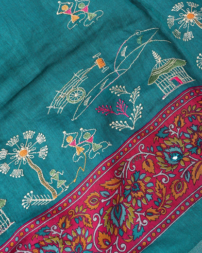 Ferozi Chanderi Embroidery Saree - Shop Vastram