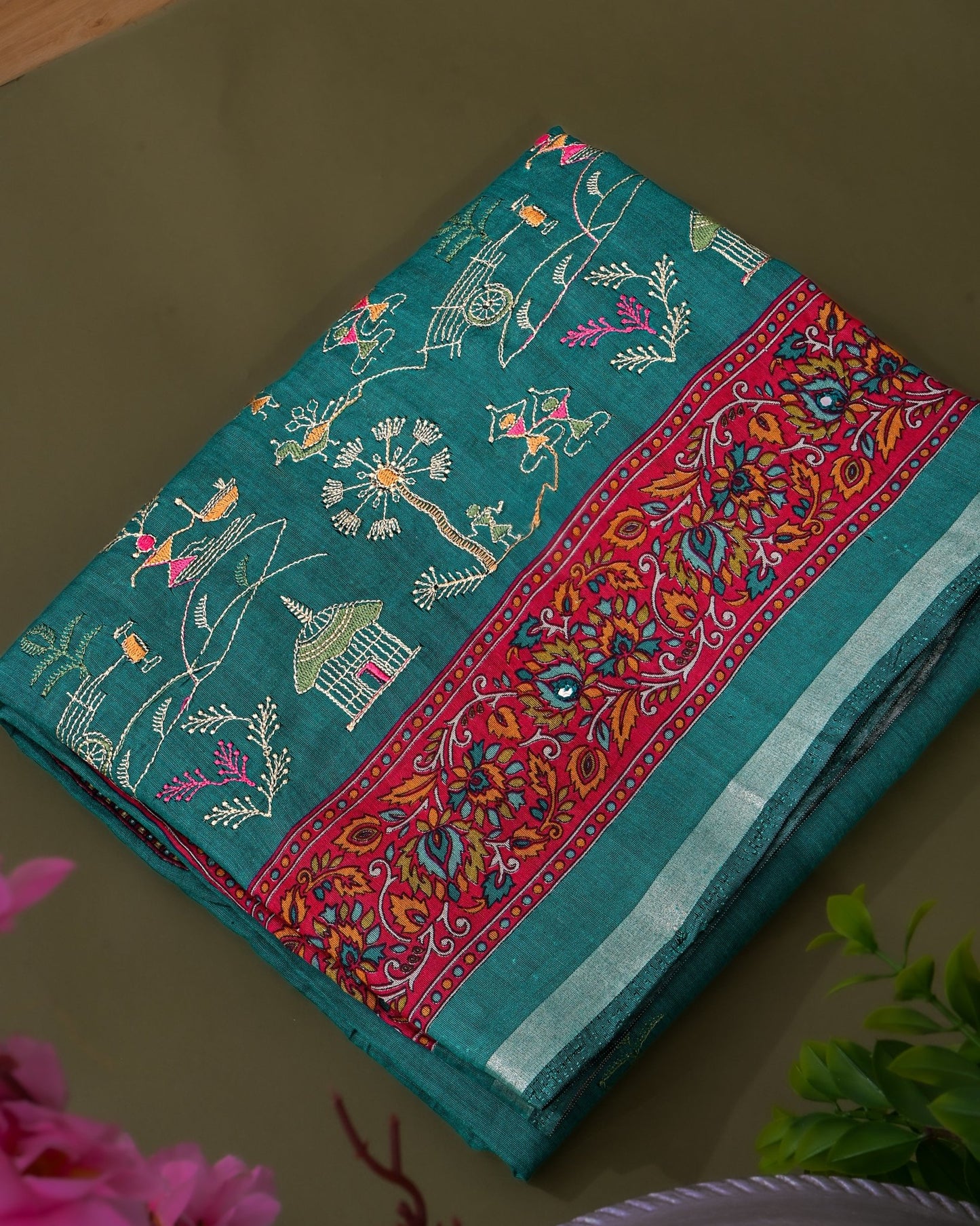 Ferozi Chanderi Embroidery Saree - Shop Vastram