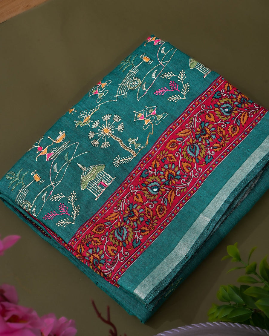 Ferozi Chanderi Embroidery Saree - Shop Vastram