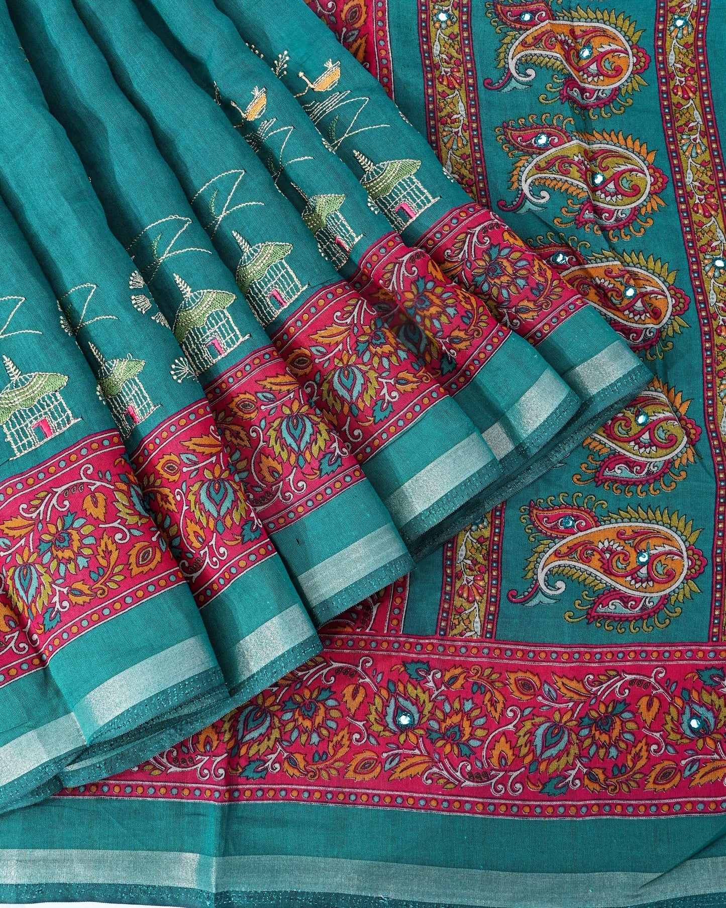 Ferozi Chanderi Embroidery Saree - Shop Vastram