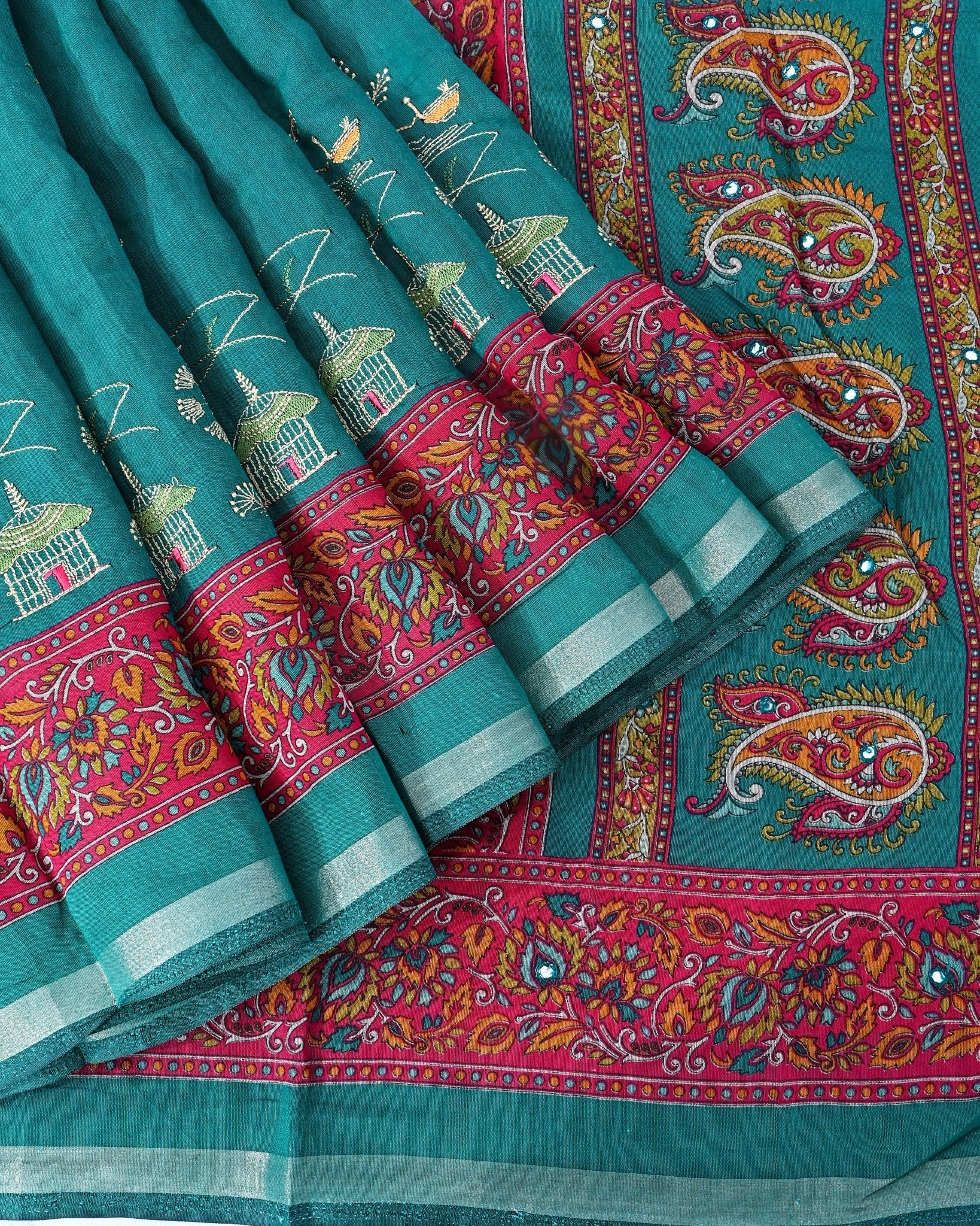 Ferozi Chanderi Embroidery Saree - Shop Vastram