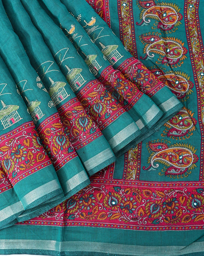 Ferozi Chanderi Embroidery Saree - Shop Vastram