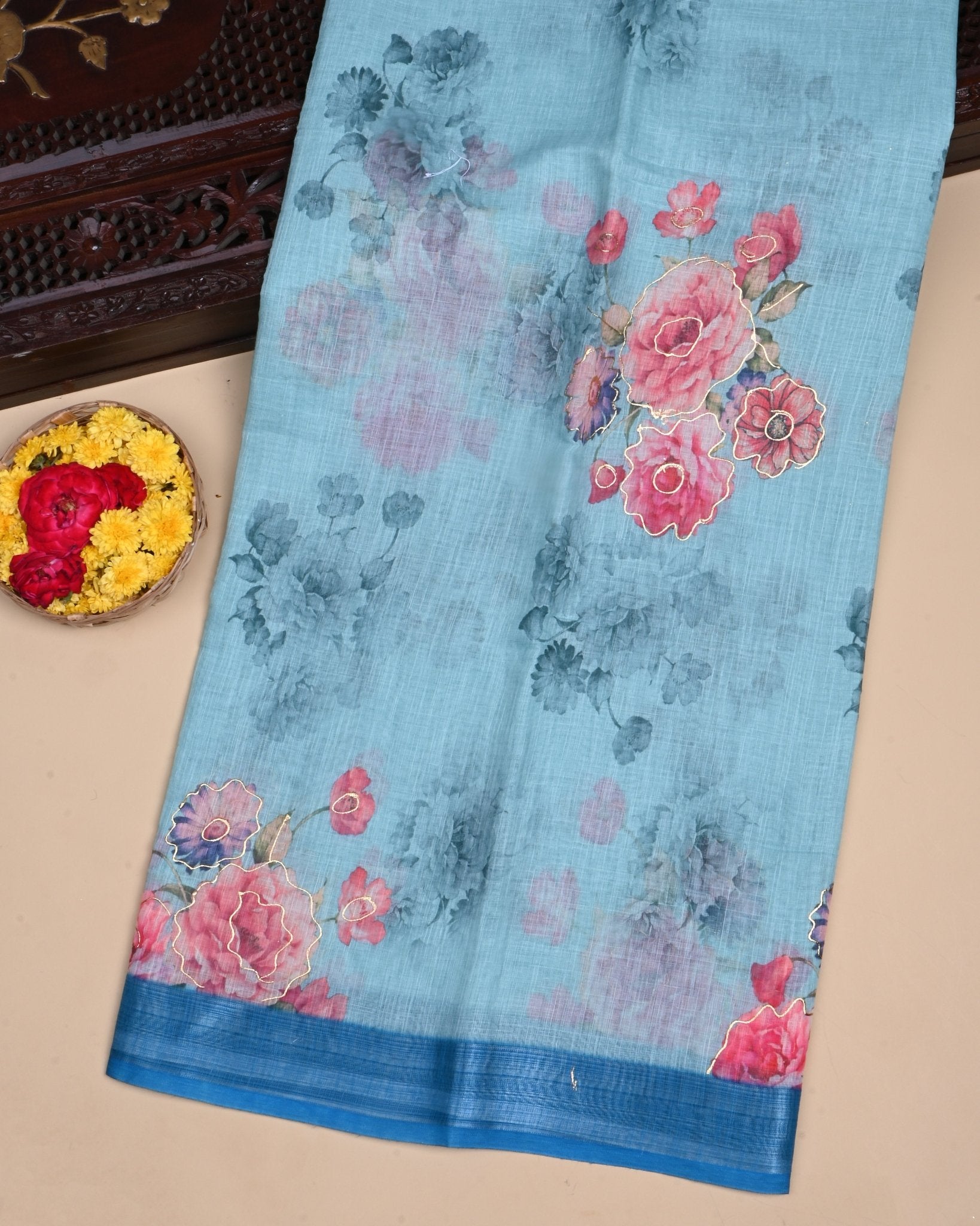 Ferozi Color Lenin Saree - Shop Vastram