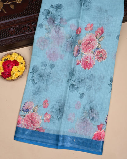 Ferozi Color Lenin Saree - Shop Vastram