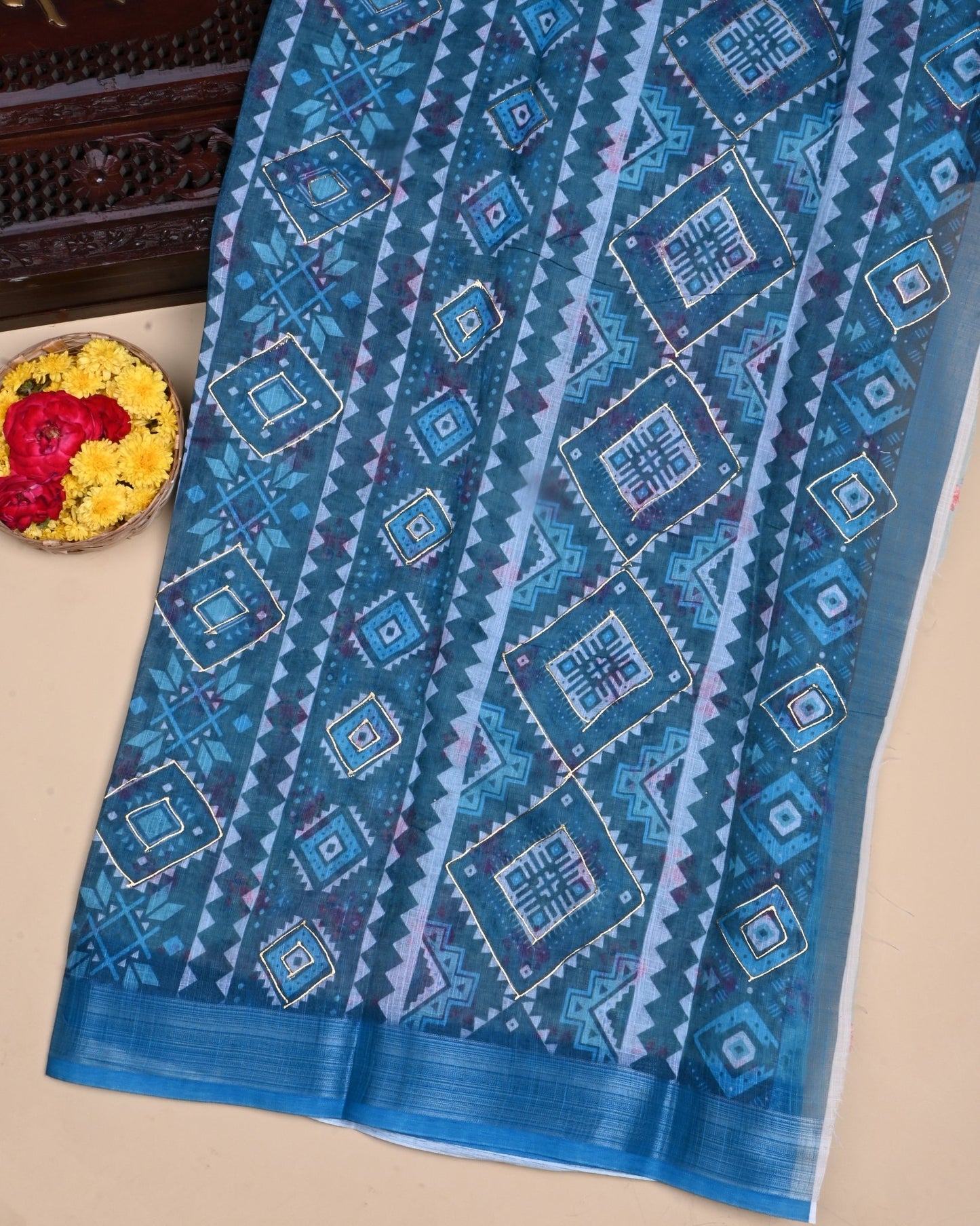 Ferozi Color Lenin Saree - Shop Vastram