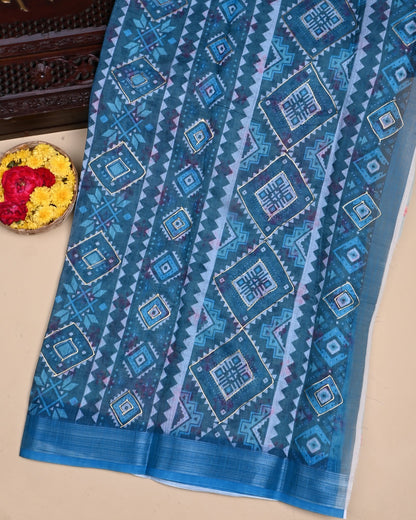 Ferozi Color Lenin Saree - Shop Vastram