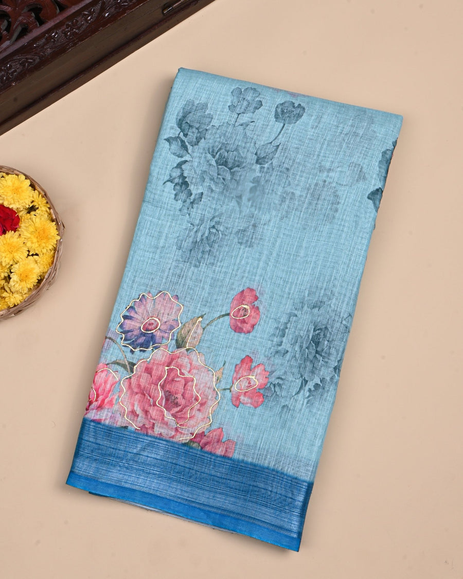 Ferozi Color Lenin Saree - Shop Vastram