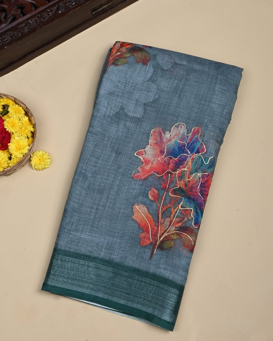 Ferozi Color Lenin Saree - Shop Vastram