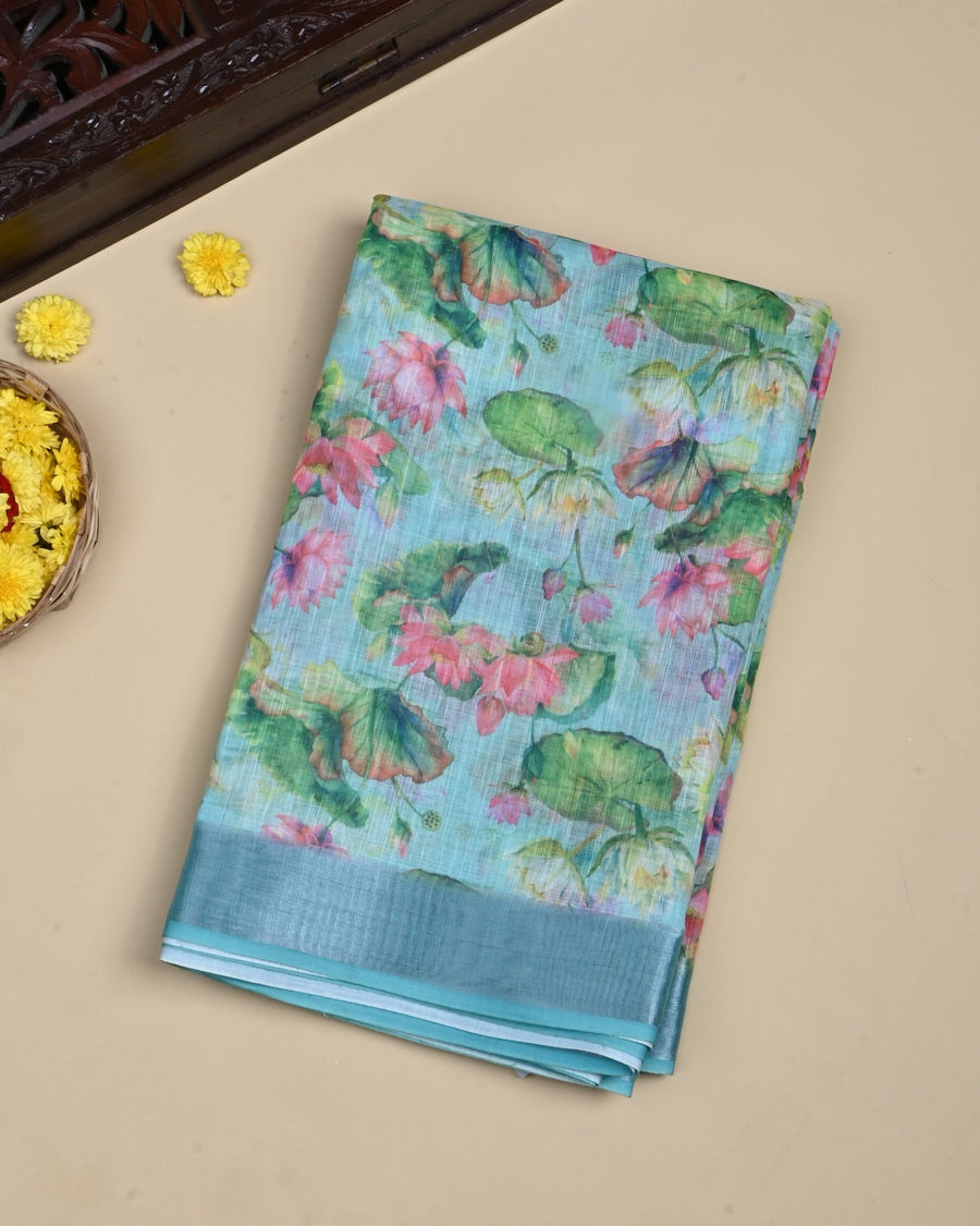 Ferozi Color Lenin Saree - Shop Vastram