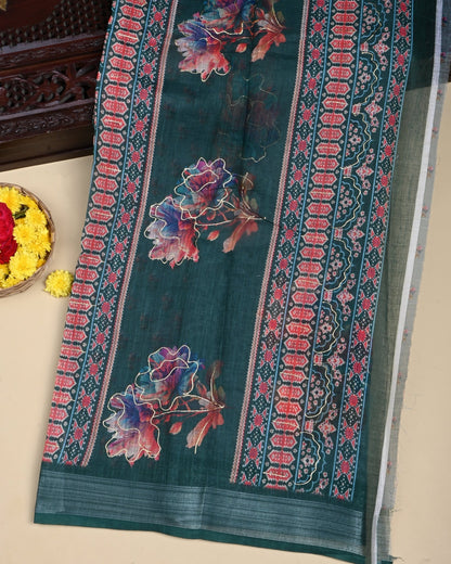 Ferozi Color Lenin Saree - Shop Vastram
