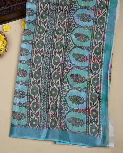 Ferozi Color Lenin Saree - Shop Vastram