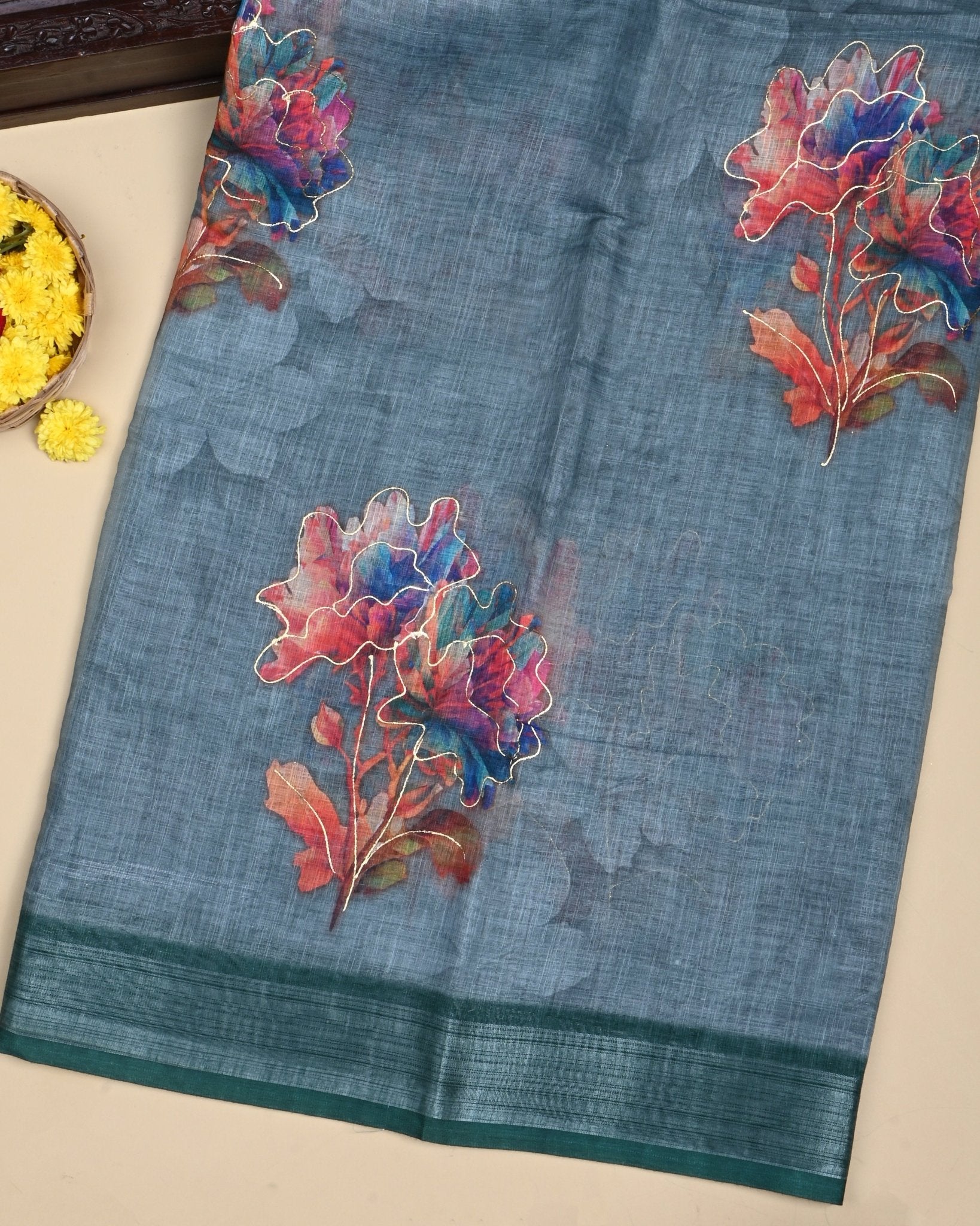 Ferozi Color Lenin Saree - Shop Vastram