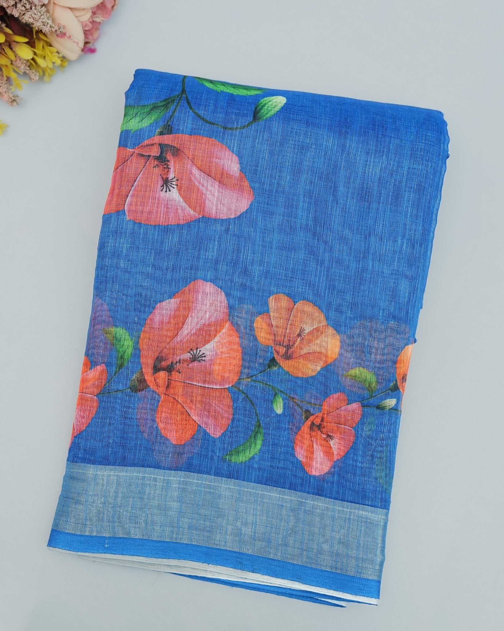 Ferozi color Lenin Saree - Shop Vastram