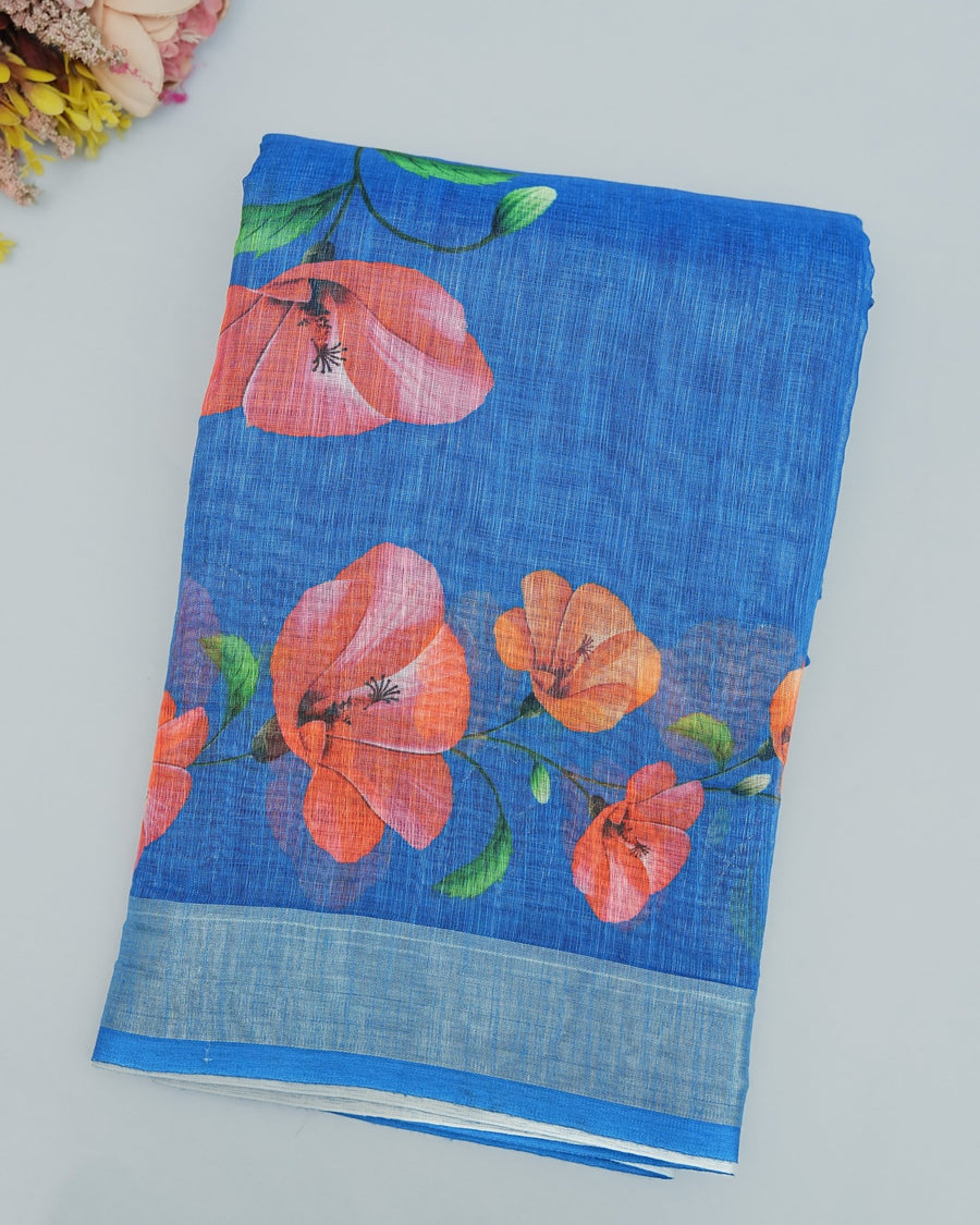 Ferozi color Lenin Saree - Shop Vastram