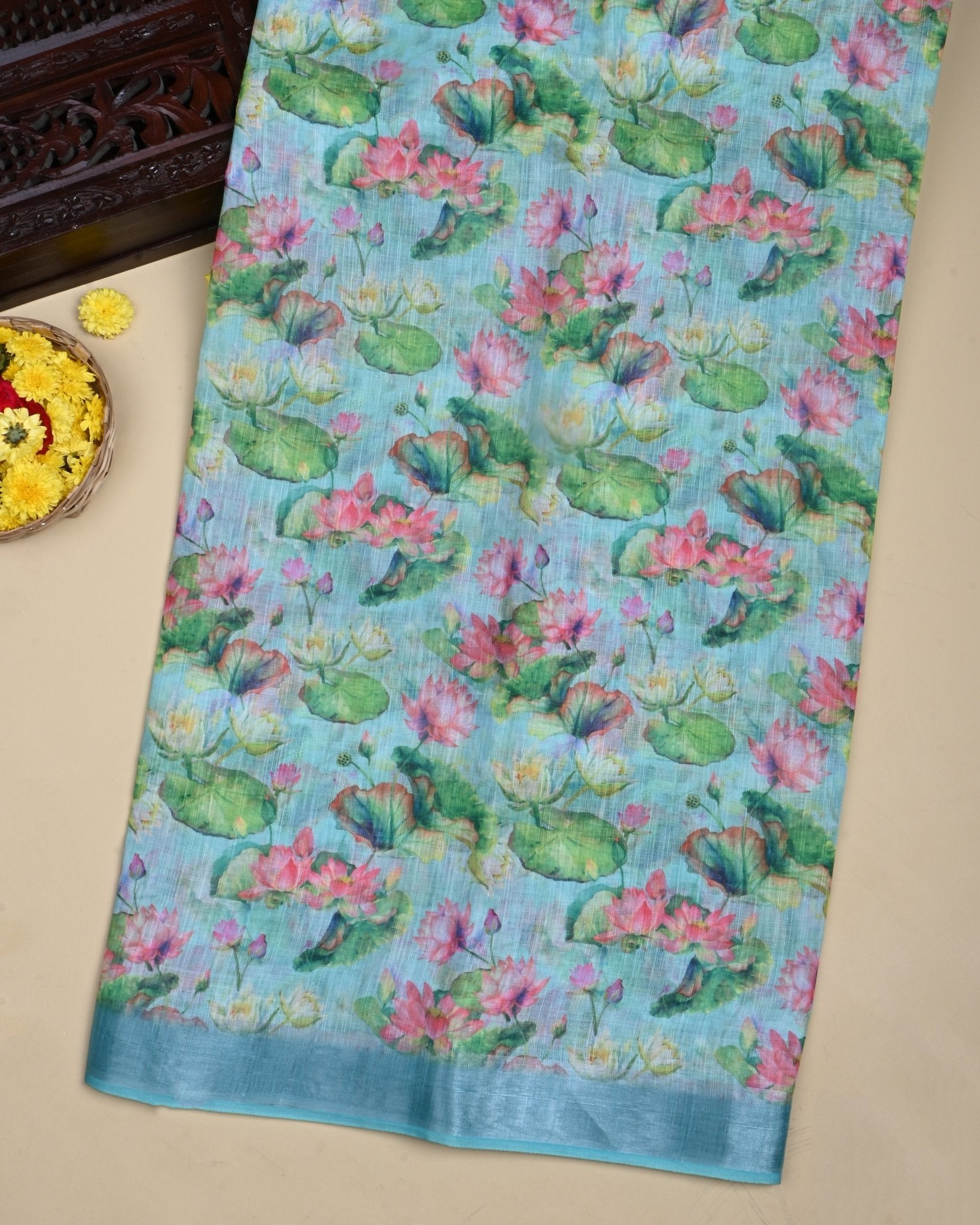 Ferozi Color Lenin Saree - Shop Vastram
