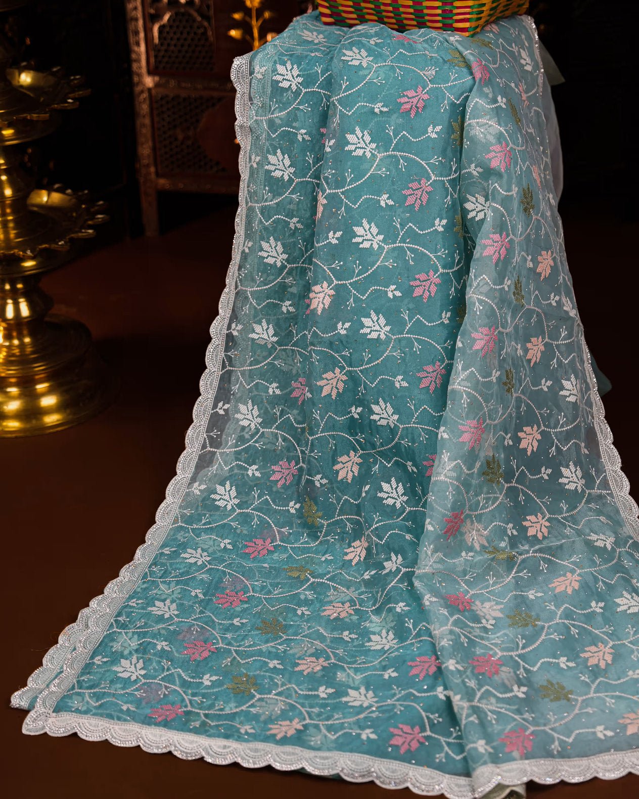 Ferozi Color Organza Saree - Shop Vastram