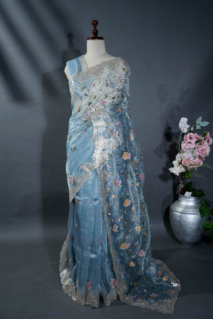 Ferozi Embroidery Tissue Saree - Shop Vastram