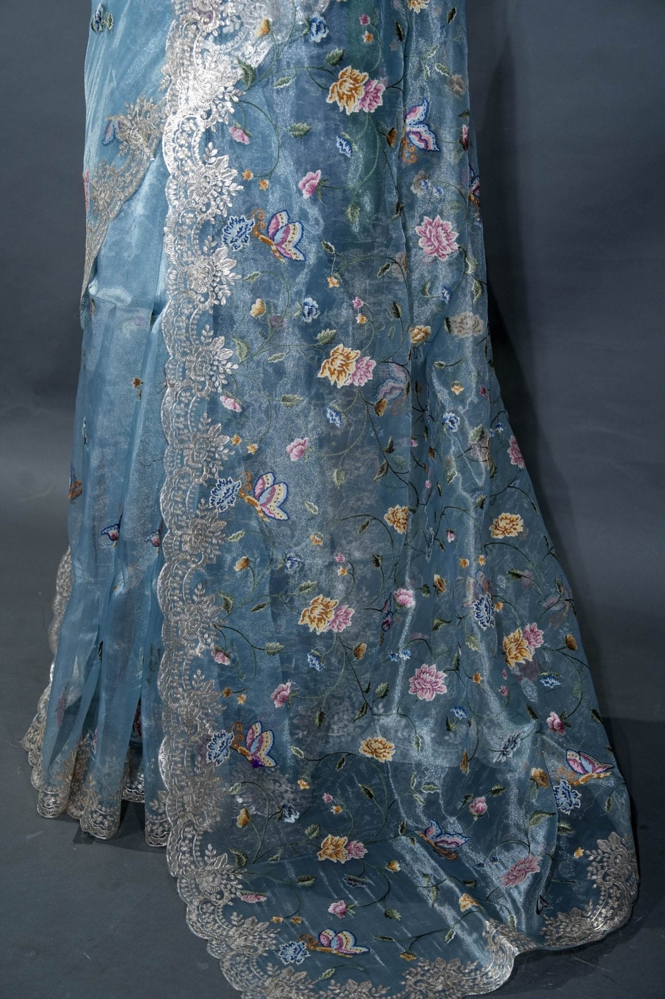 Ferozi Embroidery Tissue Saree - Shop Vastram