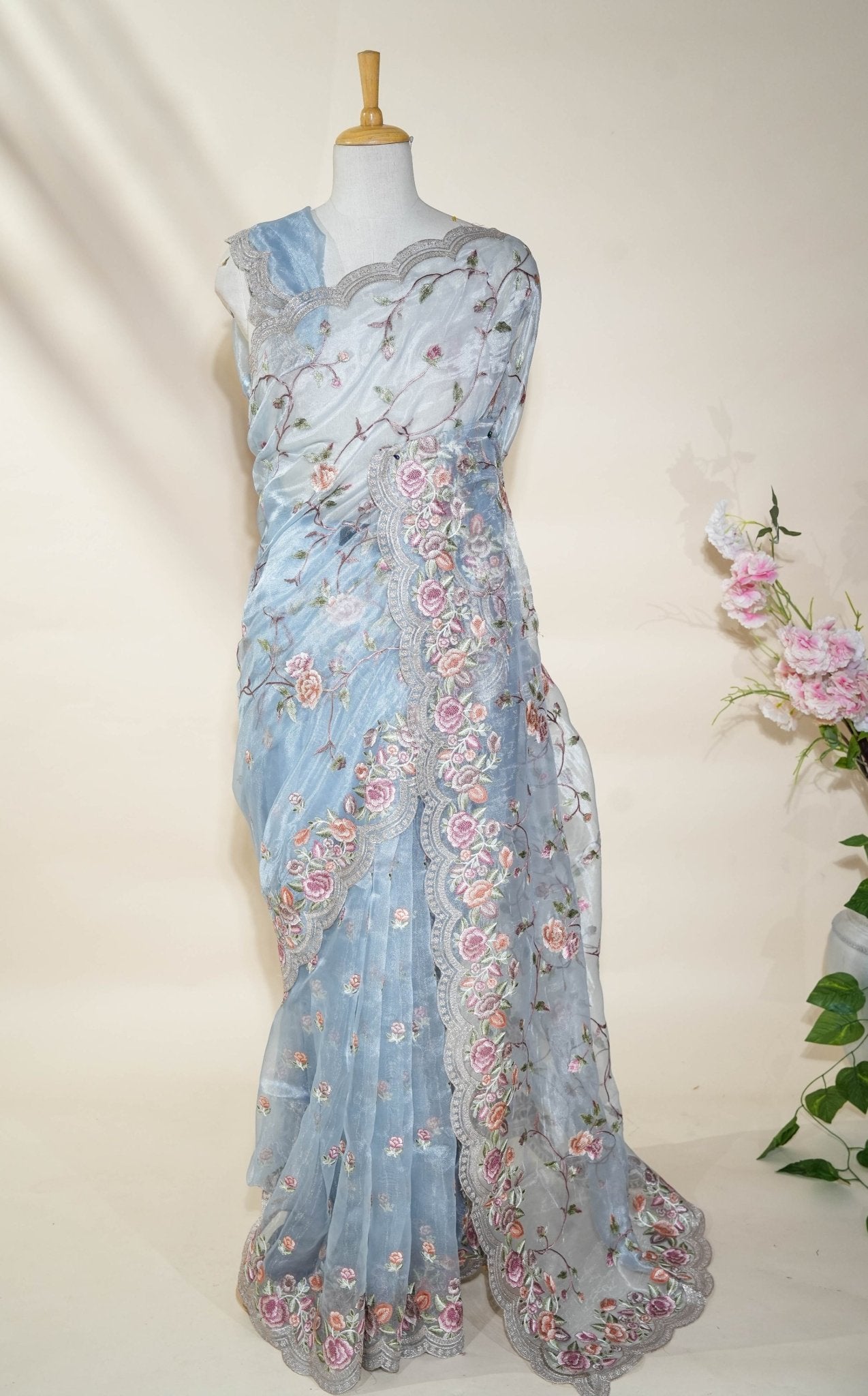 Ferozi Embroidery Tissue Saree - Shop Vastram