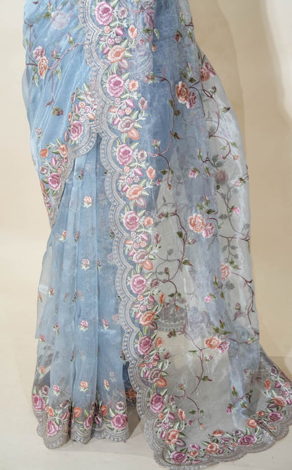 Ferozi Embroidery Tissue Saree - Shop Vastram