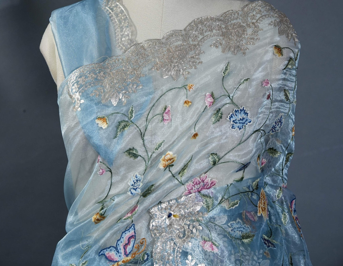 Ferozi Embroidery Tissue Saree - Shop Vastram