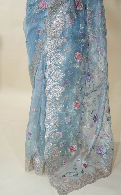 Ferozi Embroidery Tissue Saree - Shop Vastram