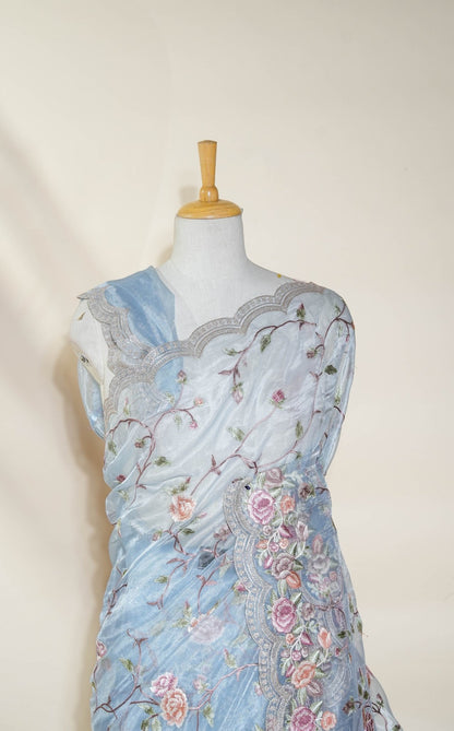 Ferozi Embroidery Tissue Saree - Shop Vastram
