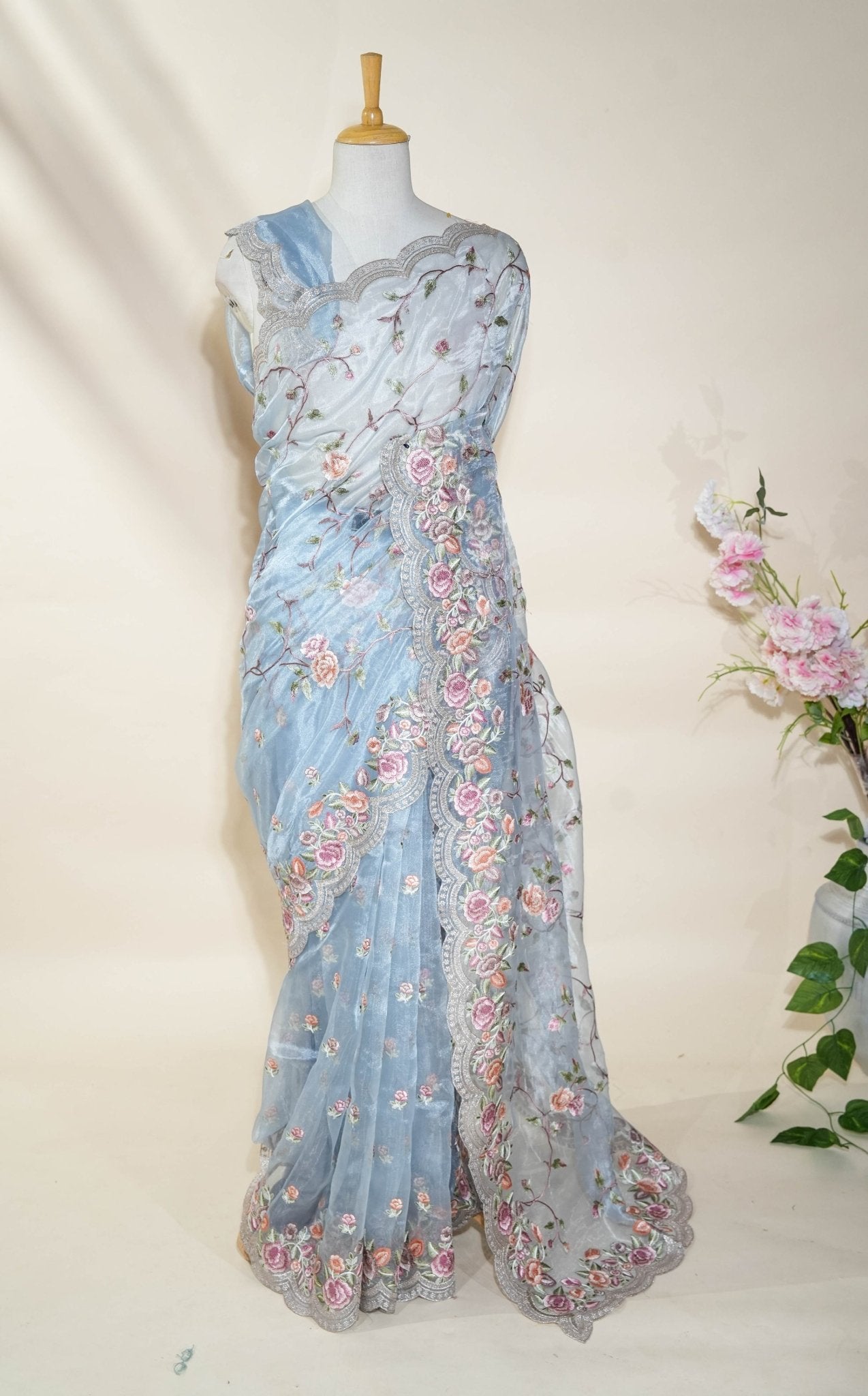 Ferozi Embroidery Tissue Saree - Shop Vastram