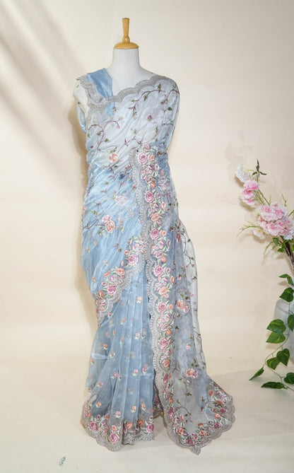 Ferozi Embroidery Tissue Saree - Shop Vastram