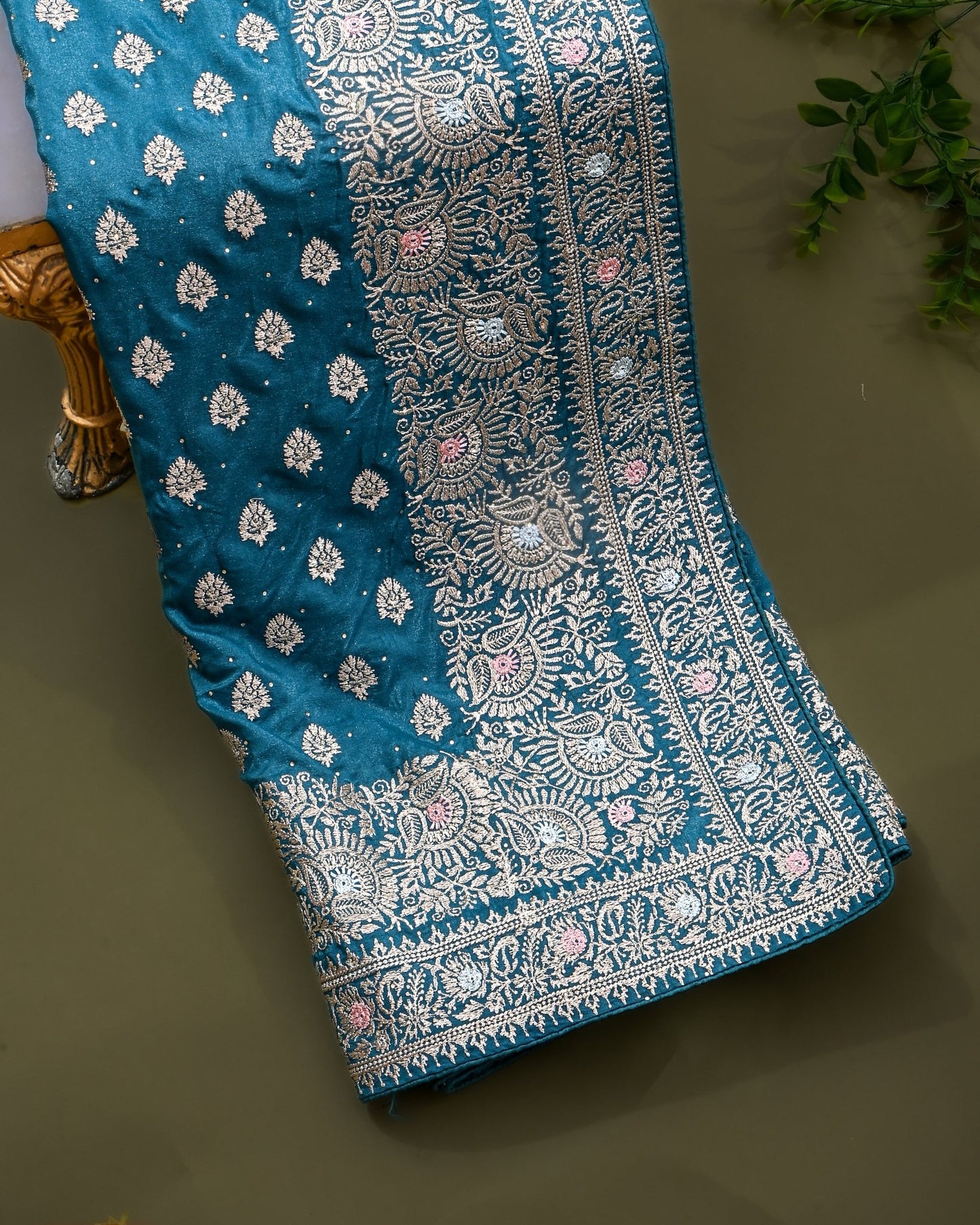 Ferozi Silk Embroidery Saree - Shop Vastram