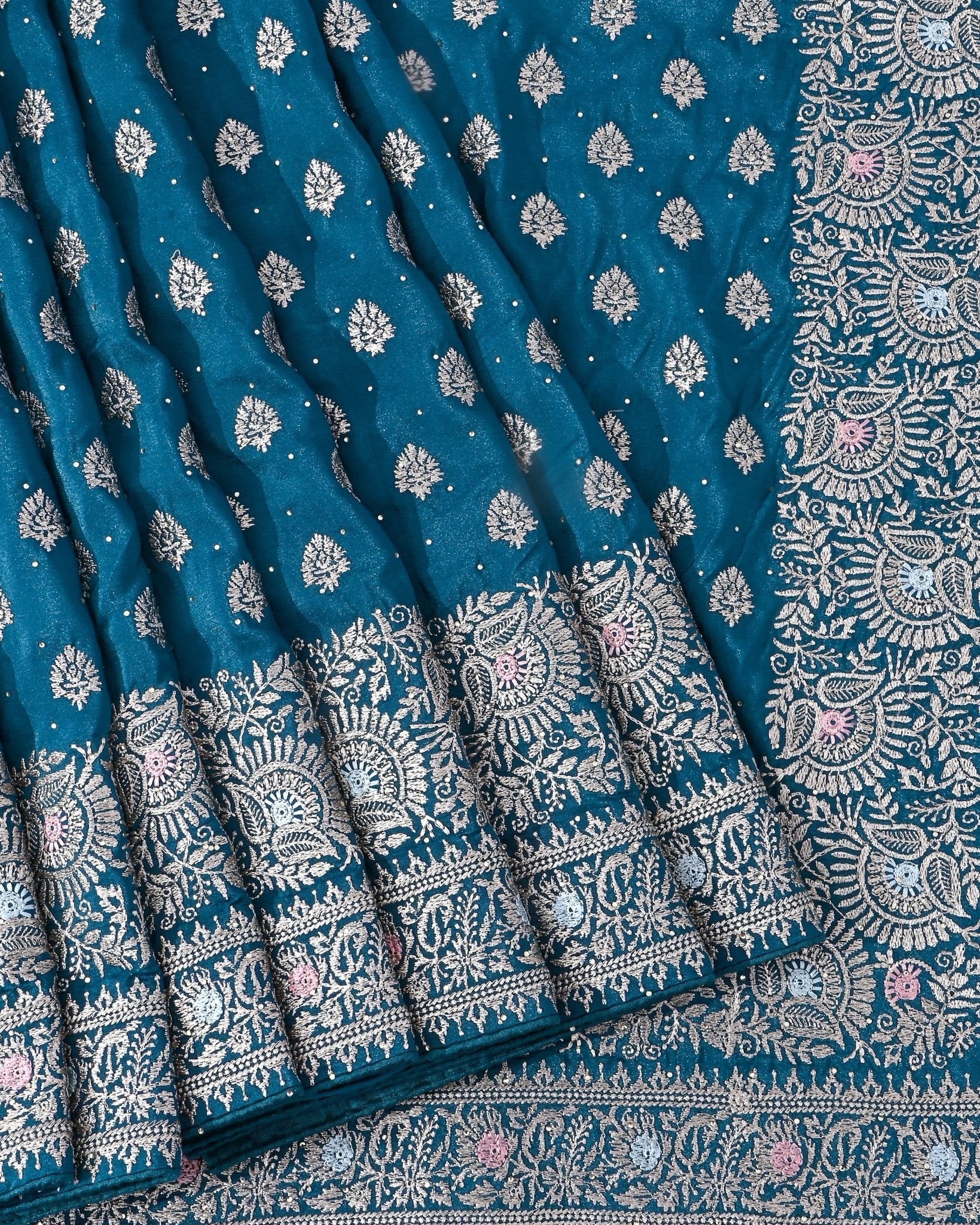 Ferozi Silk Embroidery Saree - Shop Vastram