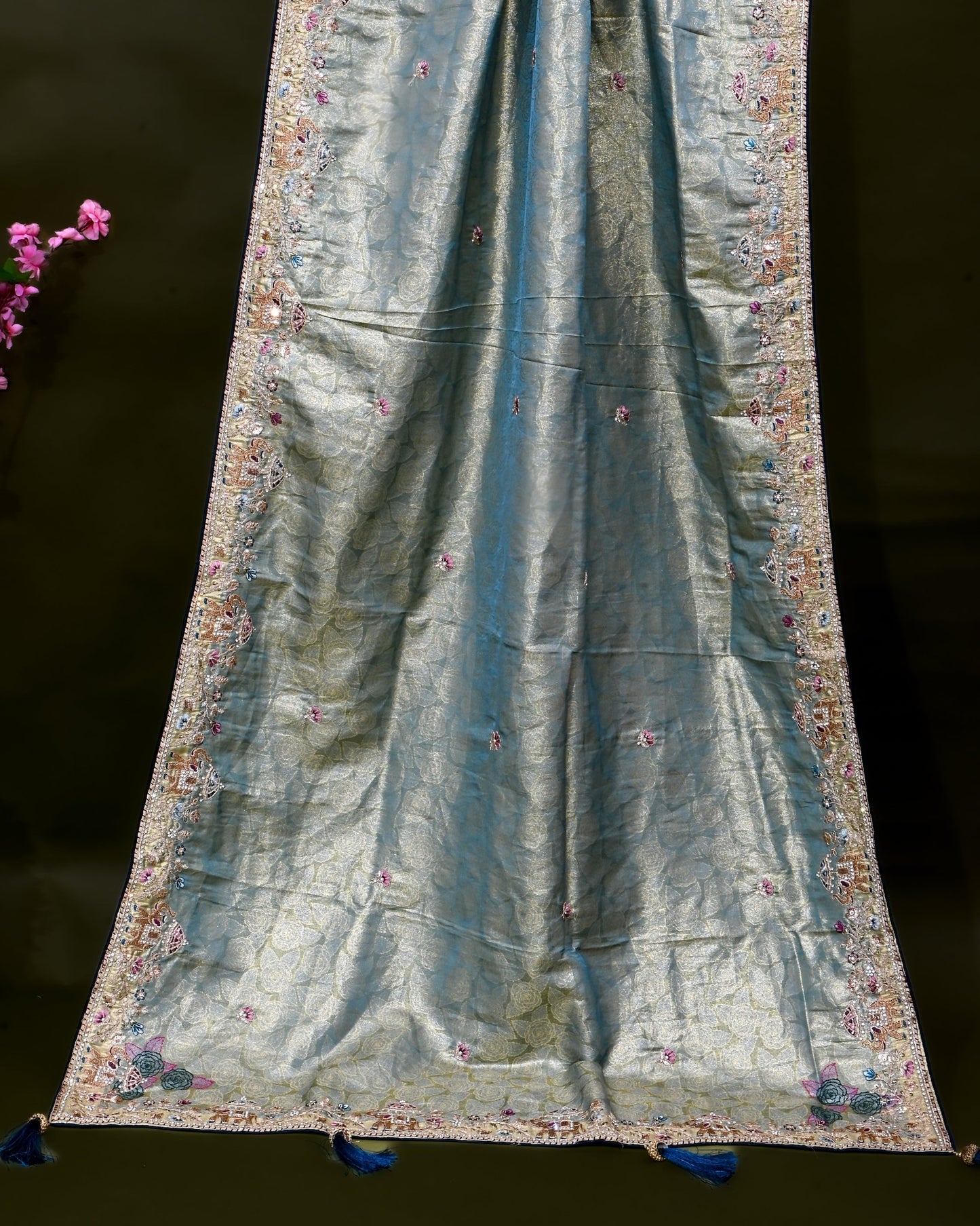 Ferozi Tissue Embroidery Saree - Shop Vastram