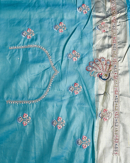Ferozi Tissue Embroidery Saree - Shop Vastram